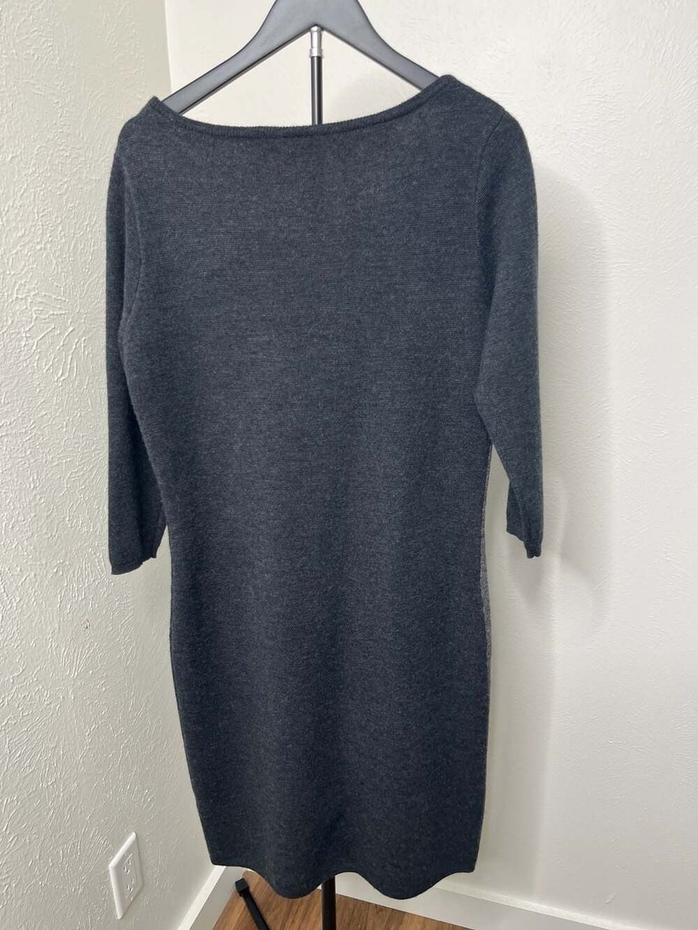 Gray Merino Wool Colorblock 3/4 Sleeve Sweater Dress Minimalist